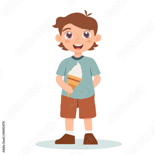 Happy boy holding ice cream. Hand drawn vector illustration.