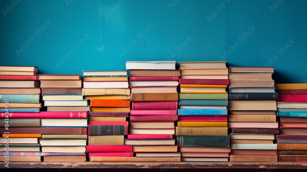 Vibrant pile of books in a cozy library setting. Vibrant pile of books in a cozy library setting.