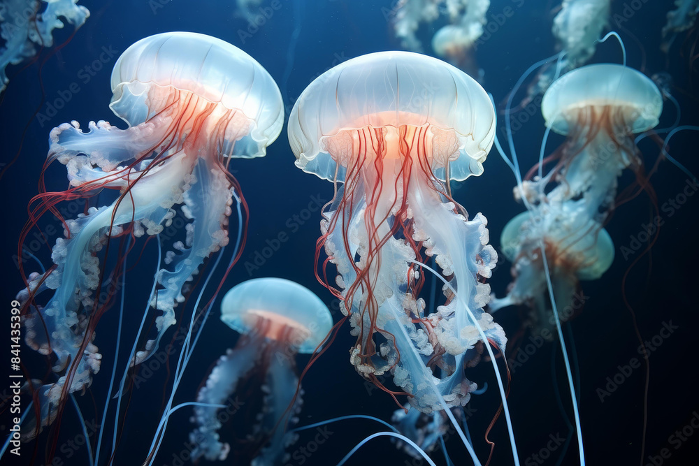 Dive into a mesmerizing world where a shoal of jellyfish evolves under the ocean, revealing its beautiful face.