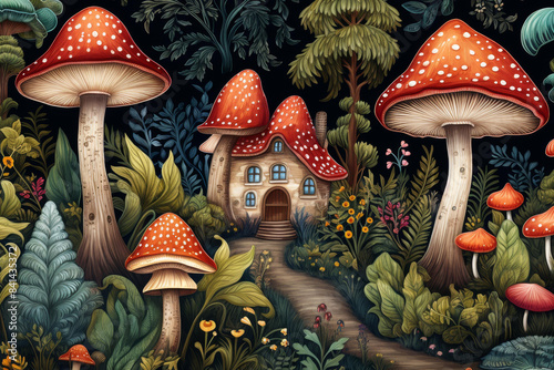 Whimsical nature pattern featuring a mushroom house, toadstools, rye trees, and firs, creating a seamless forest style. #841435372