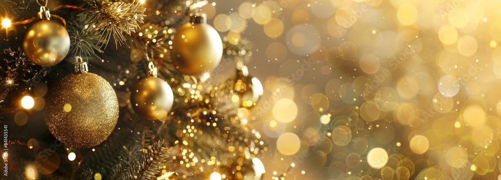 Christmas tree with gold baubles against a golden background of sparkling lights. Wide format banner with a celebration and magical atmosphere. Christmas tree with gold baubles against a golden background of sparkling lights. Wide format banner with a celebration and magical atmosphere.