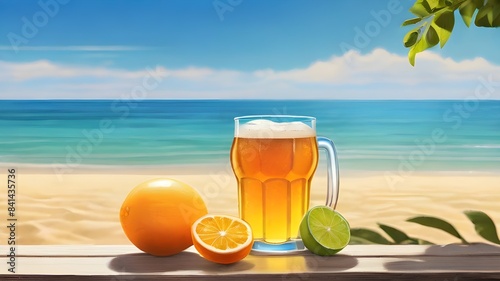 Sunny beach day with refreshing cold beer and citrus slices photo