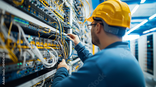 a  of a technical support specialist providing on-site assistance, checking network cables and servers in a server room, Technical Support, Specialist, IT, Teamwork,