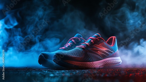 Pair of blue and pink running shoes with smoke around them. photo