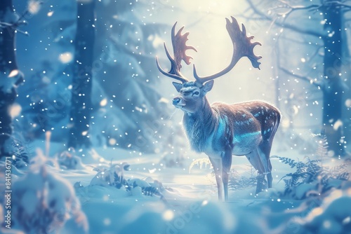 An AI-generated scene of a deer in a snowy forest during Christmas time.