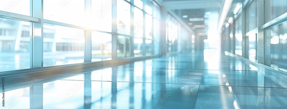 This panoramic image of a mall hallway or office space has a beautiful light blue blurred background. This panoramic image of a mall hallway or office space has a beautiful light blue blurred background.