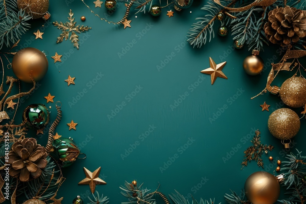 An elegant Christmas background with fir branches, gold decorations and stars. New Year's decoration for your congratulations. An elegant Christmas background with fir branches, gold decorations and stars. New Year's decoration for your congratulations.