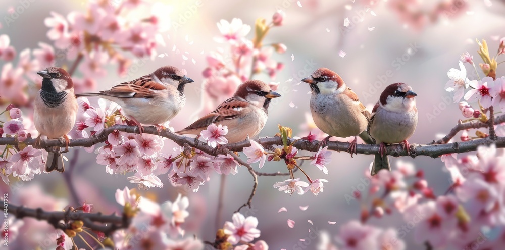 Fototapeta premium Spectacular spring background with cherries, sparrows, and a bright natural background.