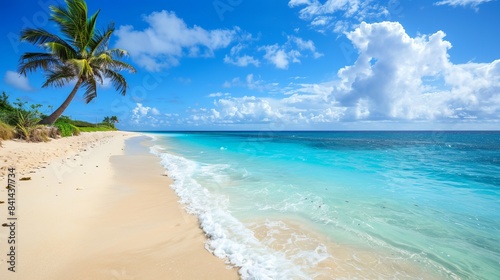 Tropical beach with palm trees and blue sky. Serene ocean waves gently lapping on the shore. Perfect travel destination for relaxation and leisure. AI