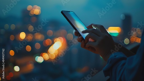 A woman's hand holding a smartphone with a blurry background of city lights at night.