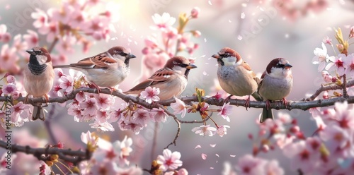 Spectacular spring background with cherries, sparrows, and a bright natural background.