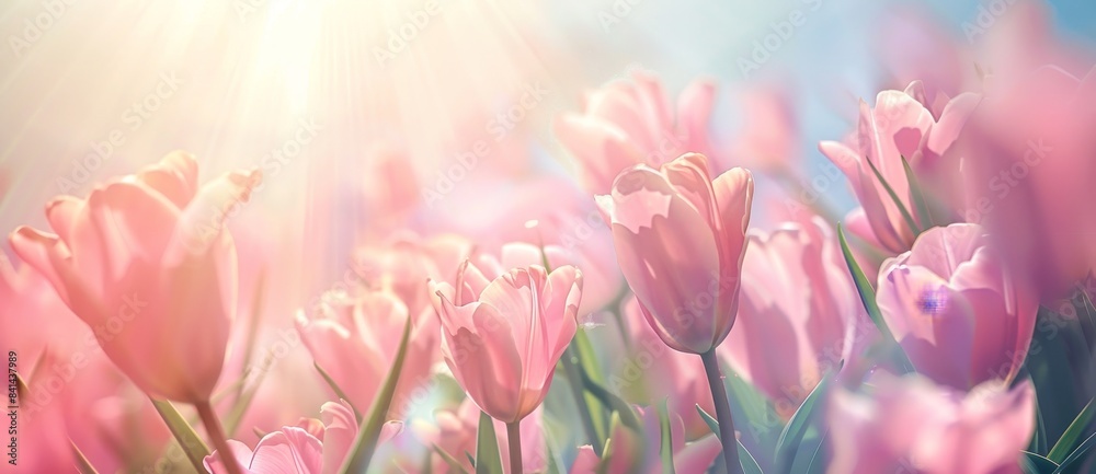 Obraz premium An exquisite spring background with pink tulip flowers.