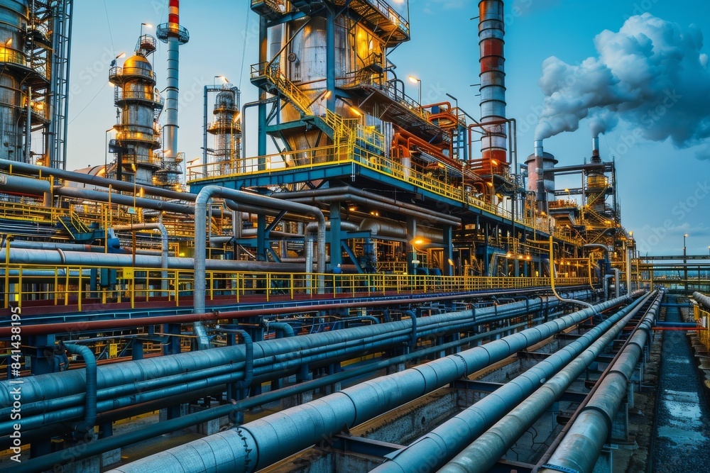 Fototapeta premium A large industrial plant with many pipes and a yellow and blue ladder