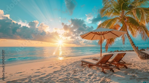 Paradise beach sunset with lounge chairs and palm trees. Tropical relaxation scene. Perfect for travel  vacation  and lifestyle concepts. AI