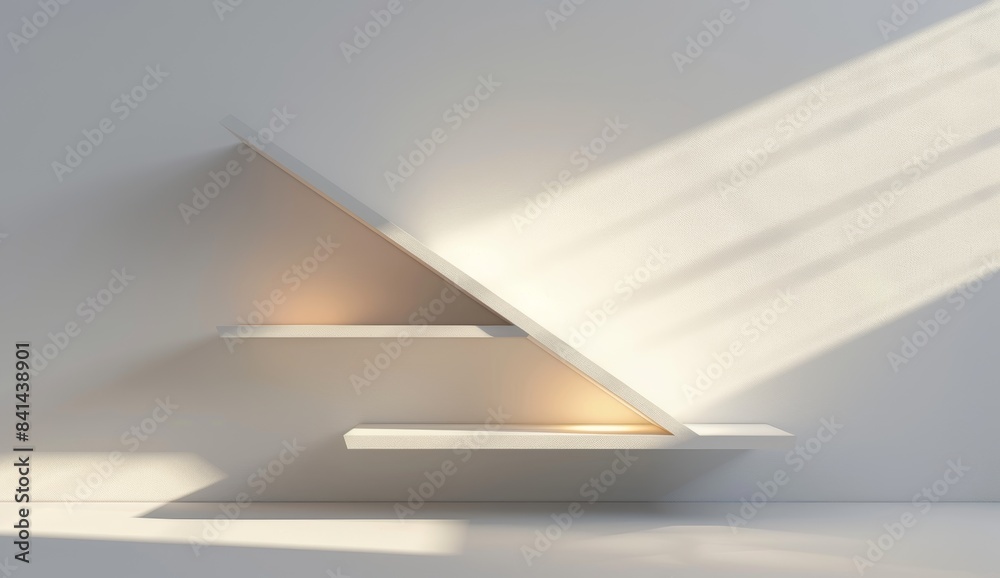 A triangular niche or shelf with beautiful built-in lighting for product presentation in light gray pearl walls. A triangular niche or shelf with beautiful built-in lighting for product presentation in light gray pearl walls.