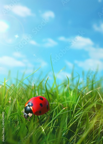 Nature background with ladybug and tall green grass in the wind against blue skies. Wide format, copy space.