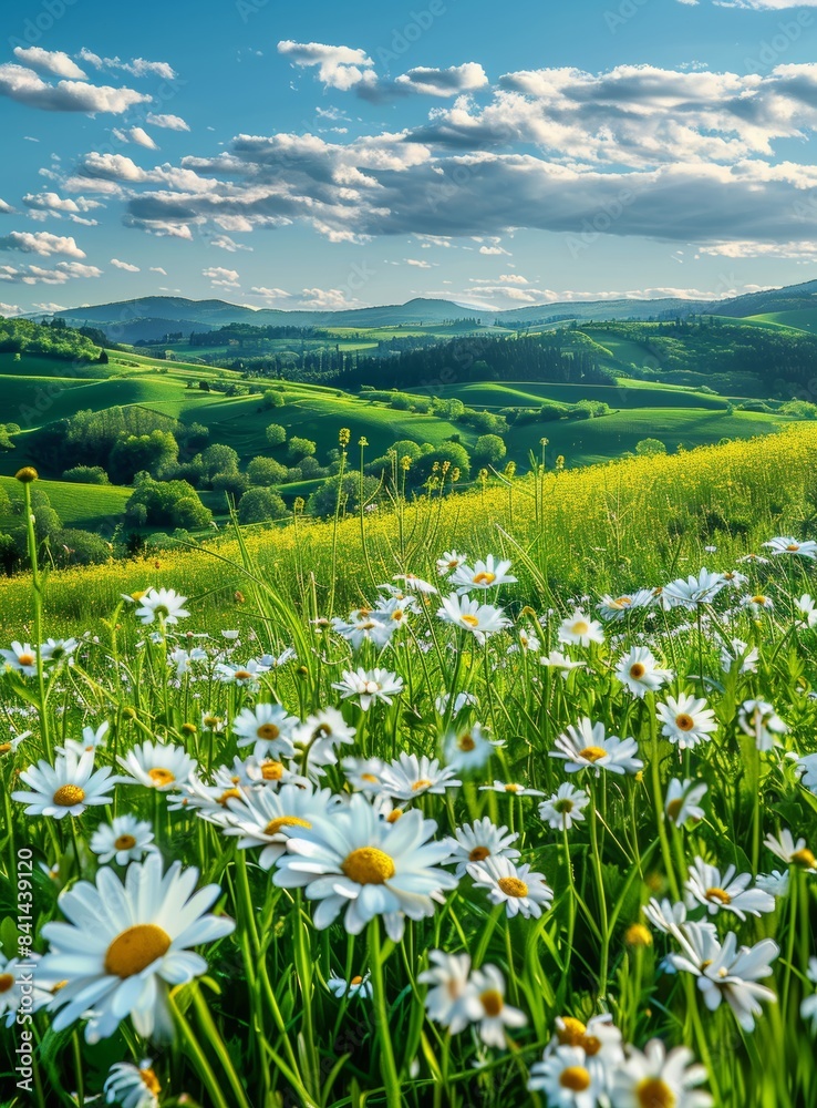 A beautiful spring and summer natural landscape with fields of daisies blooming in grass. A beautiful spring and summer natural landscape with fields of daisies blooming in grass.
