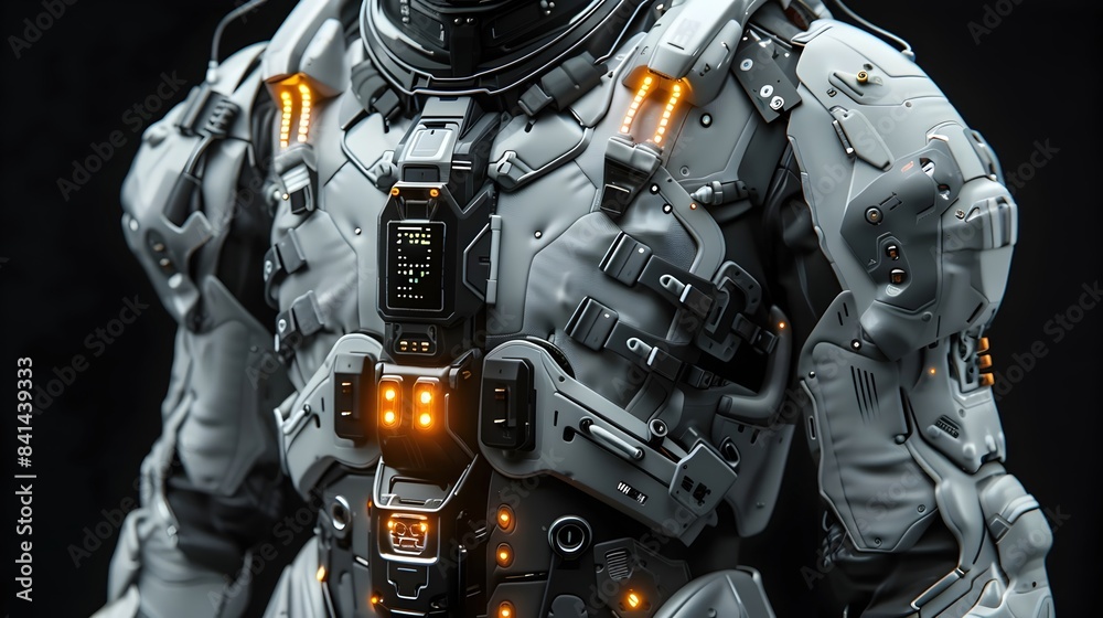 Fototapeta premium Alien-inspired Biomechanical Exosuit with Adaptive Joints and Glowing Nanotech Embellishments