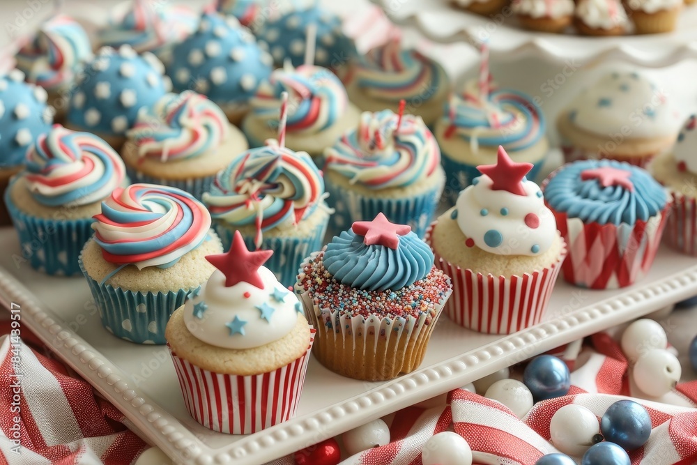 A patriotic dessert platter showcasing assorted treats decorated with stars and stripes, including flag-themed cupcakes, sugar cookies, and cake pops.