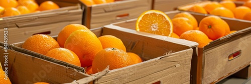 Ripe organic oranges in wooden crates at warehouse with copy space on blurred background