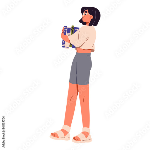 Cute girl teenager carries stack of paper books side view. Happy student goes and holds heap of textbooks in hands. Pupil walks with pile of literature. Flat isolated vector illustration on white