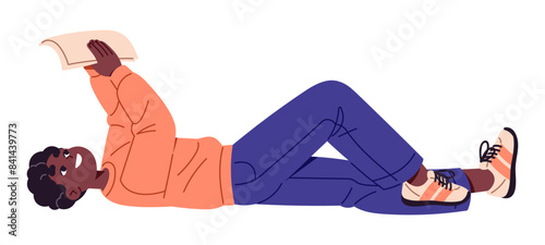 Happy black boy lying, holds papers above. Student relaxes with book pages in hands. Teenager reading sheets, learning school literature, studies. Flat isolated vector illustration on white background