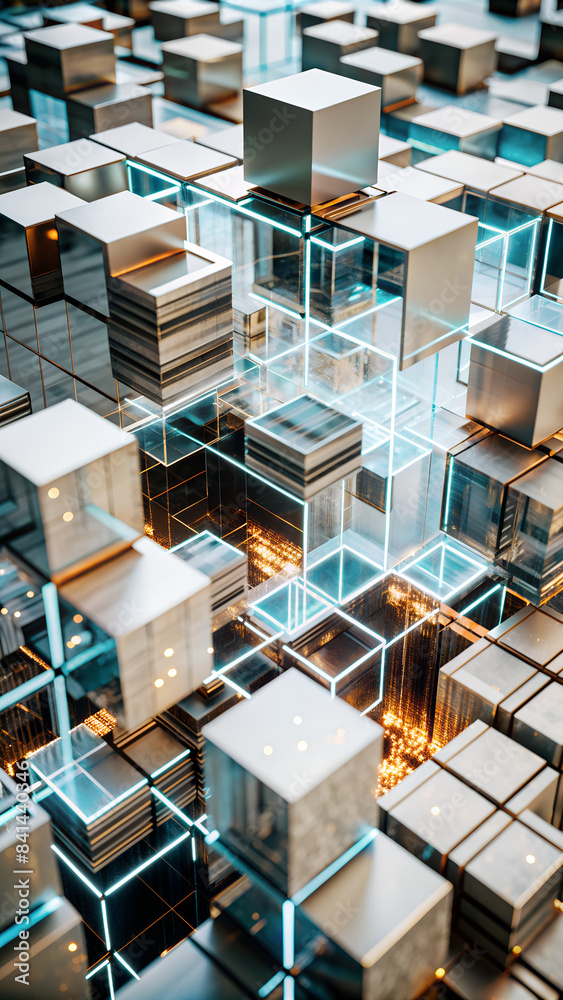 3D rendering of a cityscape, with a grid of shiny metal cubes forming the buildings. 3D rendering of a cityscape, with a grid of shiny metal cubes forming the buildings.