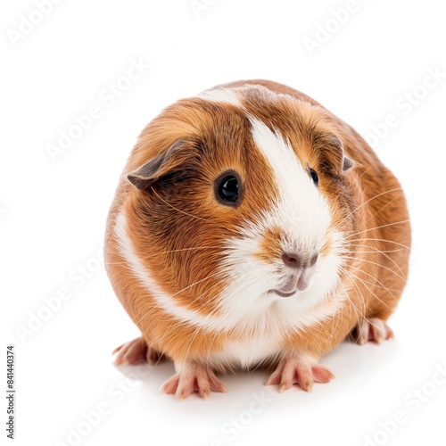 Adorable Brown and White Guinea Pig with Big Eyes, Close-up Pet Portrait on White Background