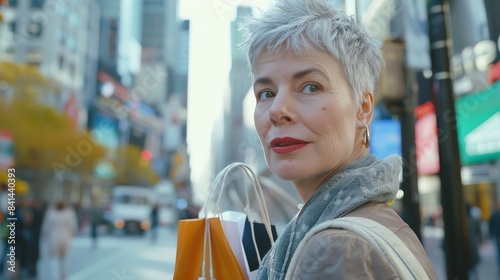 Confident, elegant woman in her 40s with short gray hair and piercing green eyes. She is wearing a stylish outfit and carrying shopping bags. photo