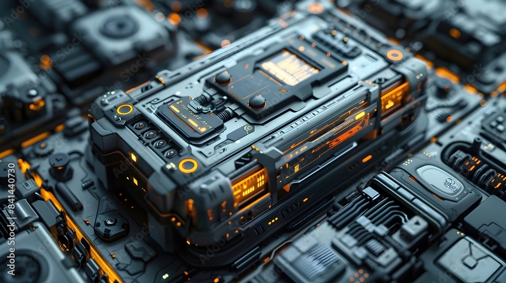Fototapeta premium Compact and Efficient High-Tech Battery Pack with Advanced Thermal Management and Interactive Digital Interface