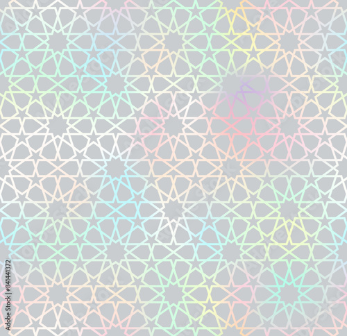 Traditional Islamic seamless pattern. Shiny holographic and grey Turkish background. Mosque window foil gradient grid mosaic texture.