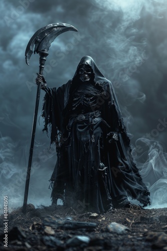 Ethereal grim reaper in smoky darkness, reaching out with chilling effect and copy space