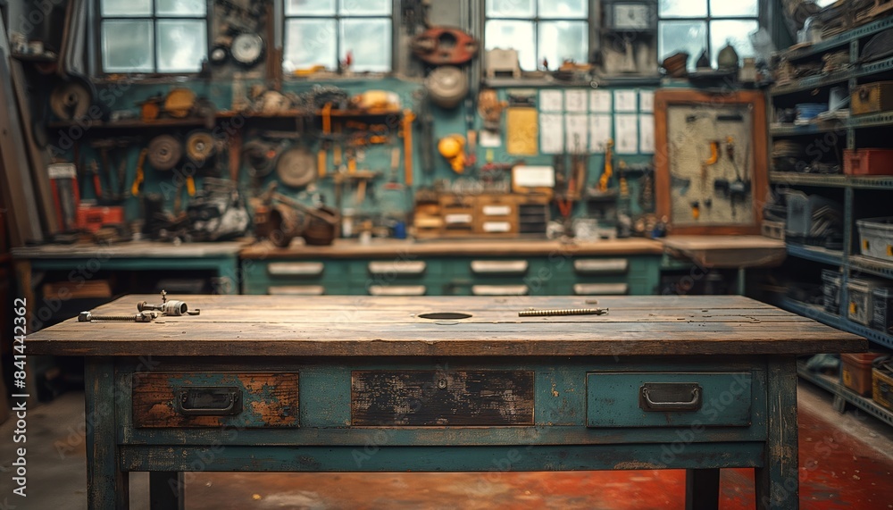 Empty craftsman's workbench in a cluttered shop Empty craftsman's workbench in a cluttered shop
