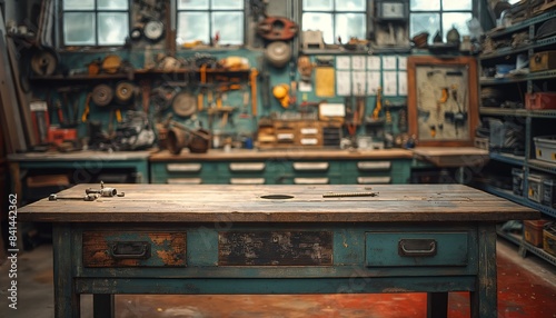 Empty craftsman's workbench in a cluttered shop