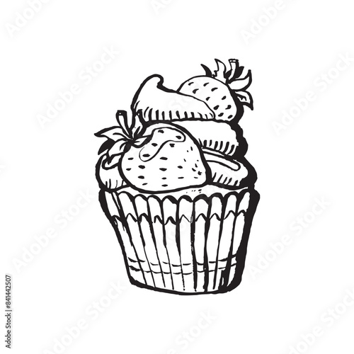 Vector illustration of a cupcake decorated with cream and strawberries. Sketch on a white background. Cute drawing for the menu, sweet snack. Dark contours.