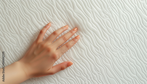 Hand touching textured white surface.