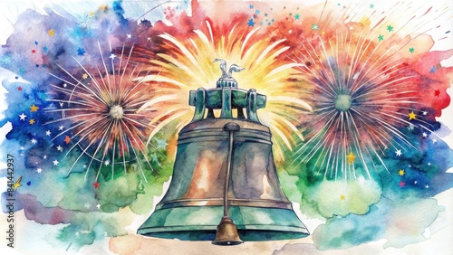 Watercolor illustration of the Liberty Bell with a backdrop of colorful fireworks