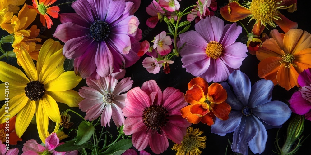 A variety of flowers are depicted in the image. The flowers are mostly pink, purple, and red. Some of the flowers are closed buds, while others are fully open. The background is dark green.