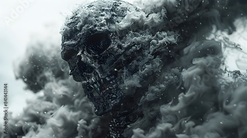 Wallpaper Mural Ethereal Skeletal Figure Shrouded in Swirling Ink Flames with Smoldering Crimson Skull in Ominous Landscape Torontodigital.ca