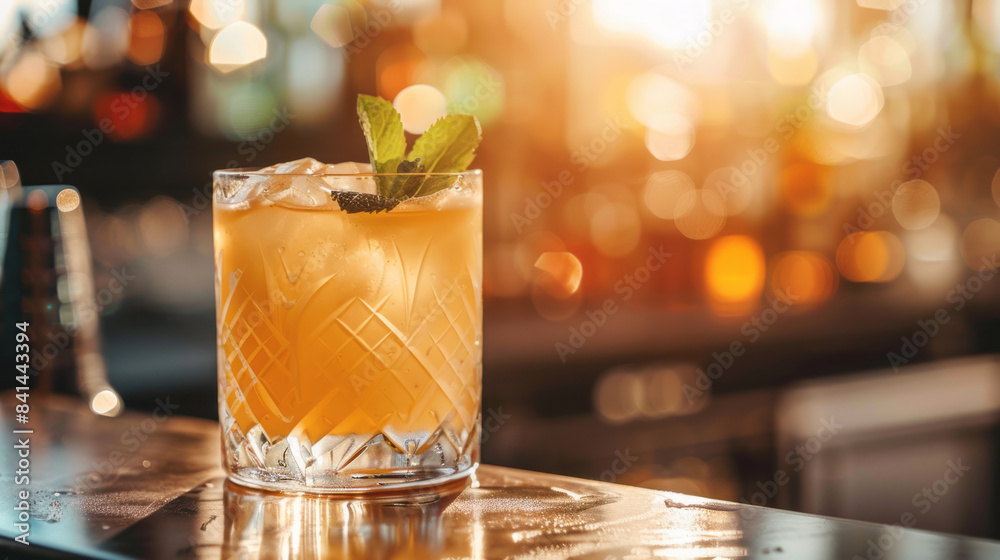 Refreshing craft cocktail on a bar with bokeh background Refreshing craft cocktail on a bar with bokeh background