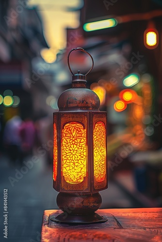 Arabic lantern glowing on table with captivating blurred background creating magical ambiance