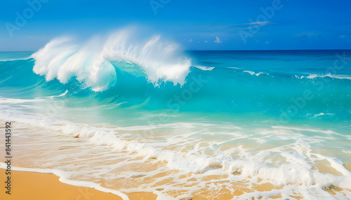 Sand beach landscape with light waves of tropical blue sea background. Generative AI