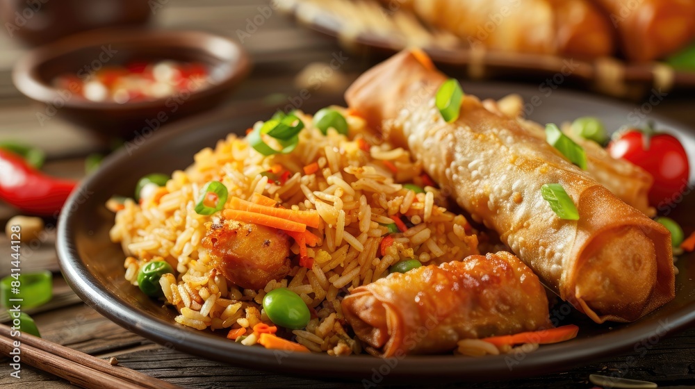 Fried rice and egg roll served with orange glazed chicken Fried rice and egg roll served with orange glazed chicken