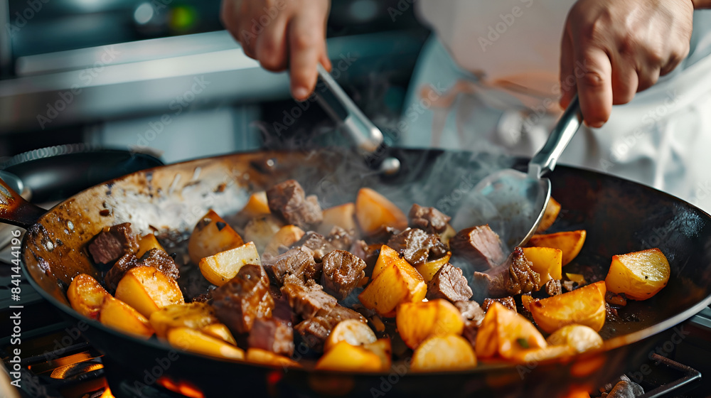 Fried potatoes with fried sausages and paprika on frying pan,ready-made seafood dish with potatoes, street food, seafood festival Fried potatoes with fried sausages and paprika on frying pan,ready-made seafood dish with potatoes, street food, seafood festival