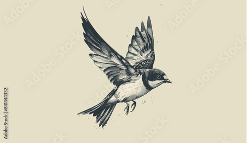 Vector old-style illustration with grain, swallow isolated on transparent background, vintage bird drawing, retro swallow art, antique bird graphic photo