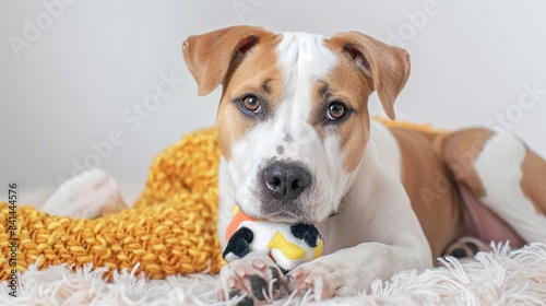 An American Staffodshire terrier with his toy. Generative Ai photo