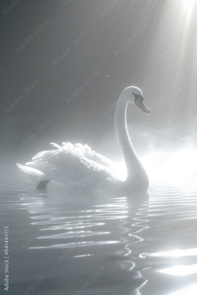 Fototapeta premium Graceful Swan Gliding Through Fog-Filled Ethereal Landscape with Soft Lighting