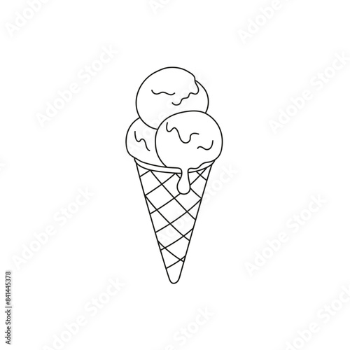 Ice cream. Three scoops of ice cream in a cone. Black and white vector image. Icon.