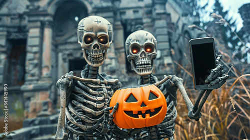 Two scary old bony skeletons take a selfie photo on their phone, hold an orange Halloween pumpkin, against the background of an ancient abandoned castle