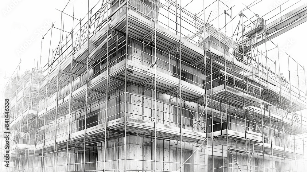 Pencil drawing of a building under construction with detailed scaffolding and crane. Generative AI. Pencil drawing of a building under construction with detailed scaffolding and crane. Generative AI.
